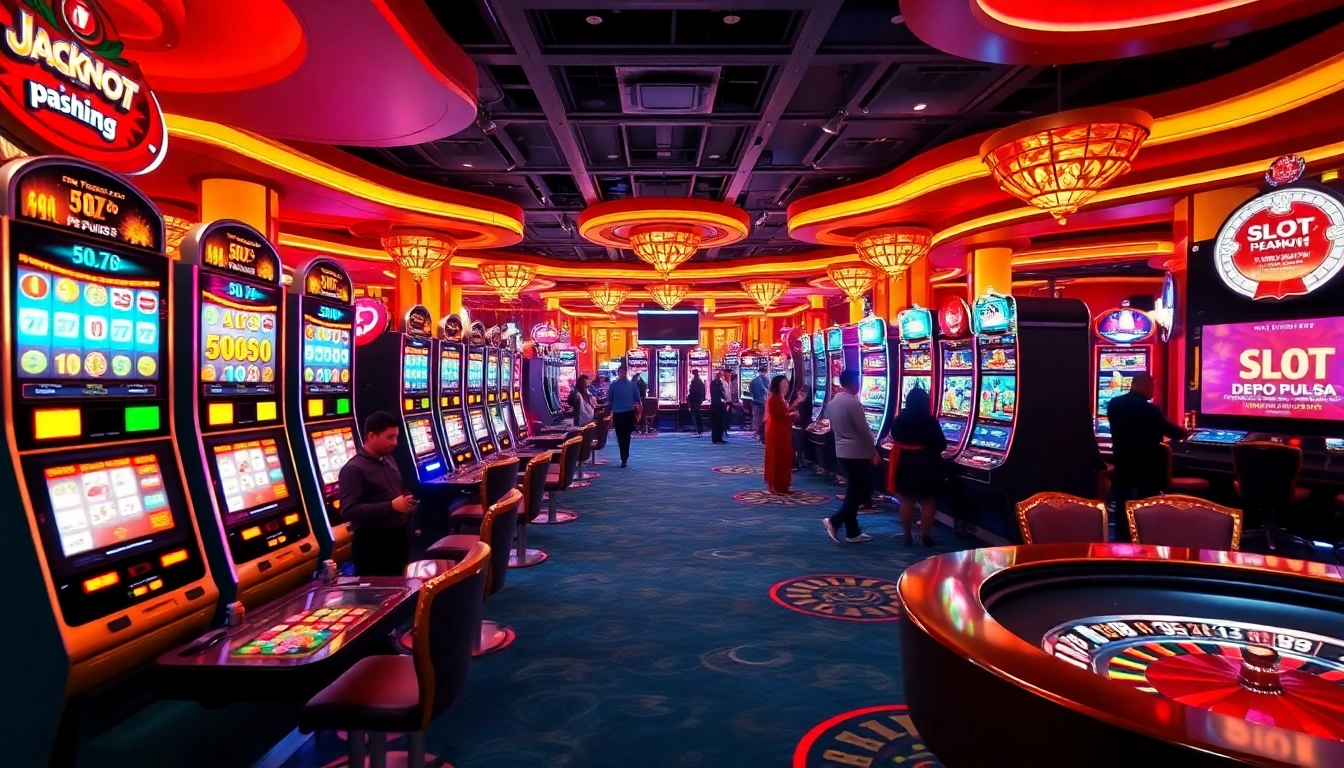 Adegan menarik para pemain yang terlibat aktif dengan mesin slot Depo Pulsa di kasino yang ramai.