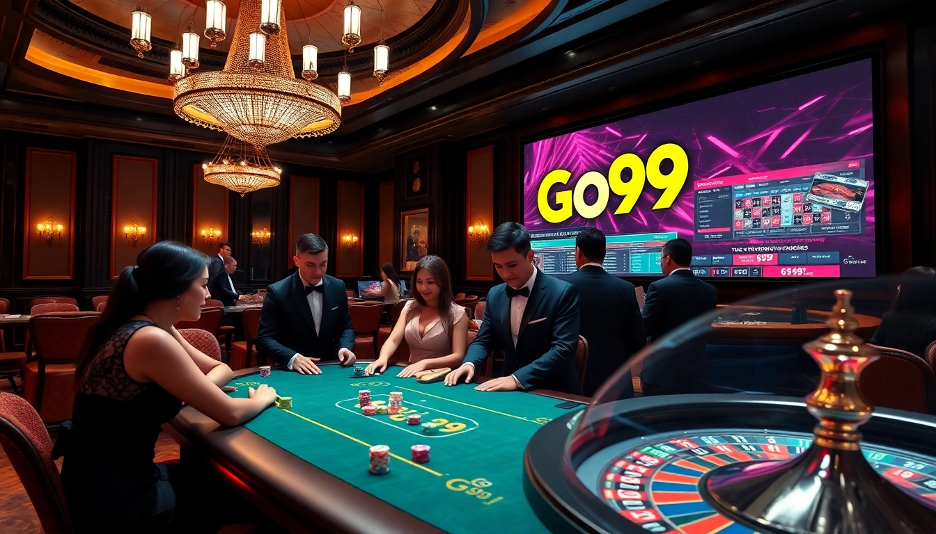 Engaged players enjoying high-stakes poker at a luxurious Go99 casino, showcasing the thrill of gambling.