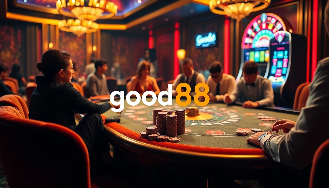 Experience thrilling gameplay at good88 casino with vibrant poker action and a spinning roulette wheel.