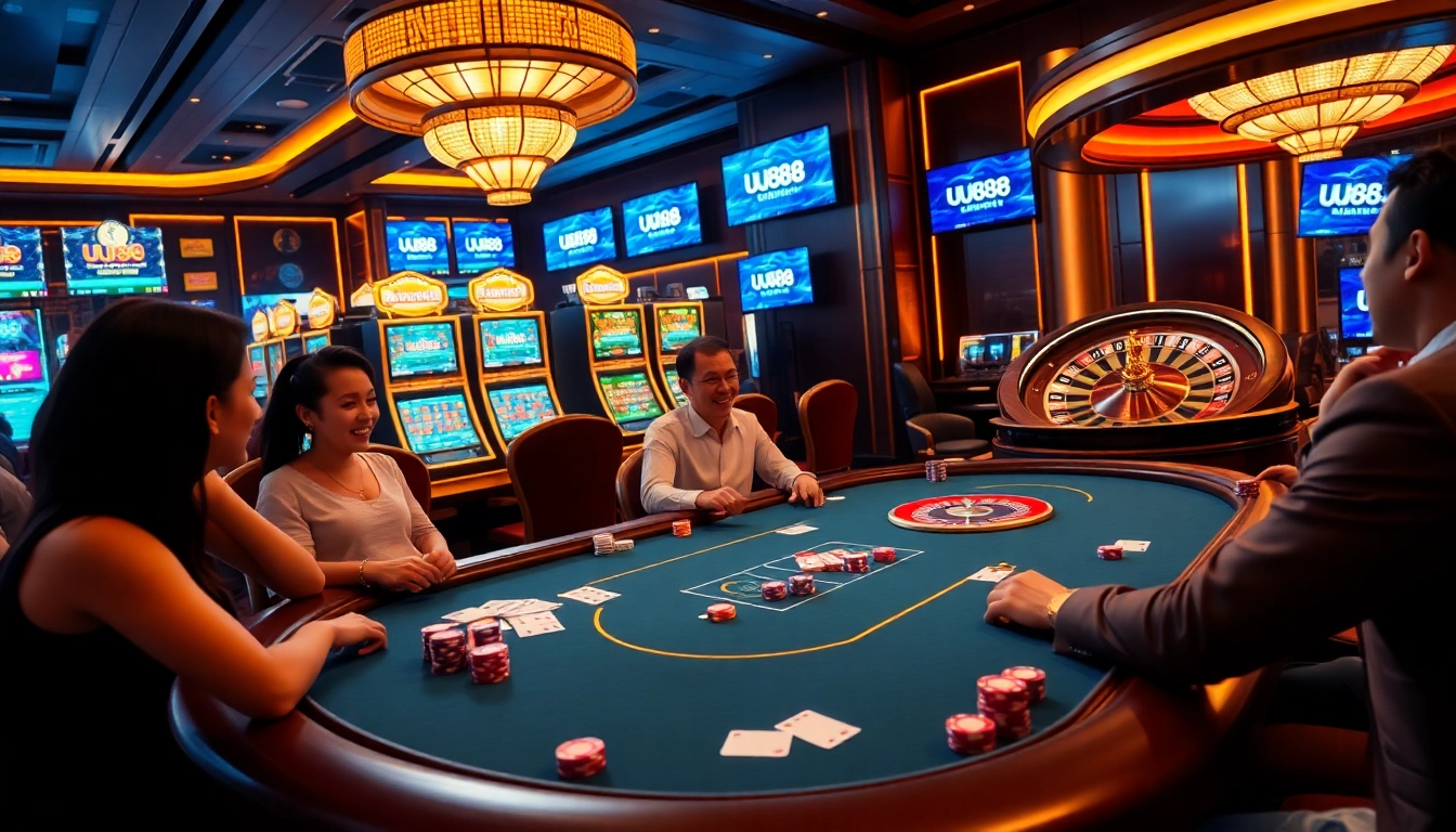 Players enjoying poker at UU88, surrounded by stunning slots and roulette.