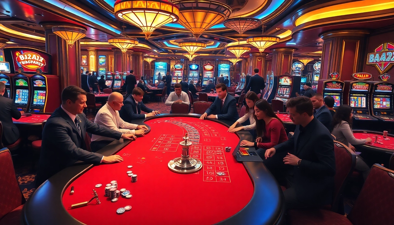 Players enjoying diverse games at a glamorous B52-themed casino, with vibrant tables and slot machines.