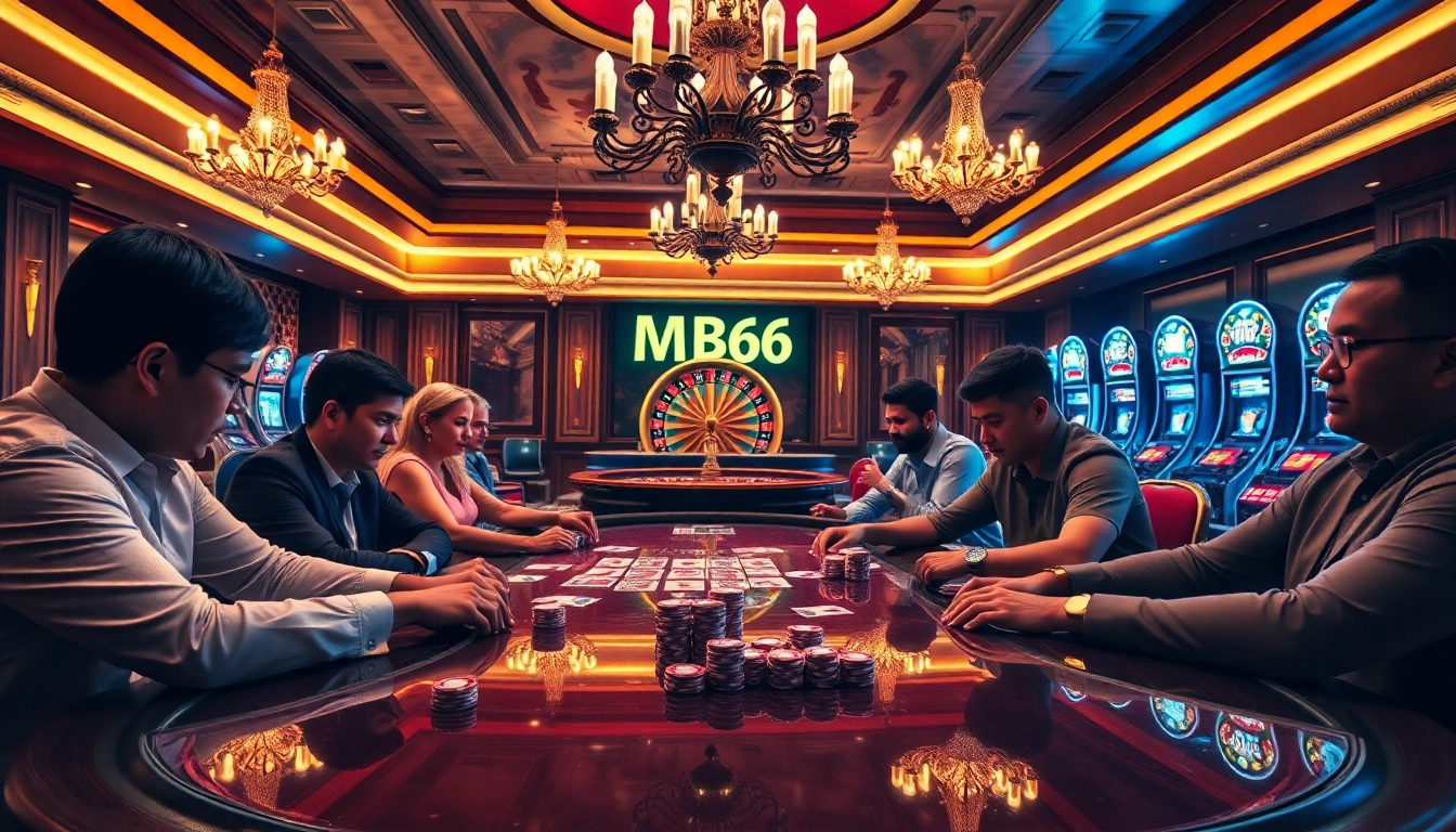 Poker players strategizing their bets with colorful chips at the MB66 casino table.