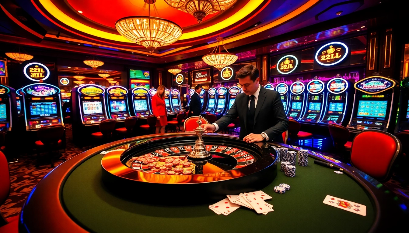 Exciting casino scene with players and a roulette wheel symbolizing 22JL gaming experiences.