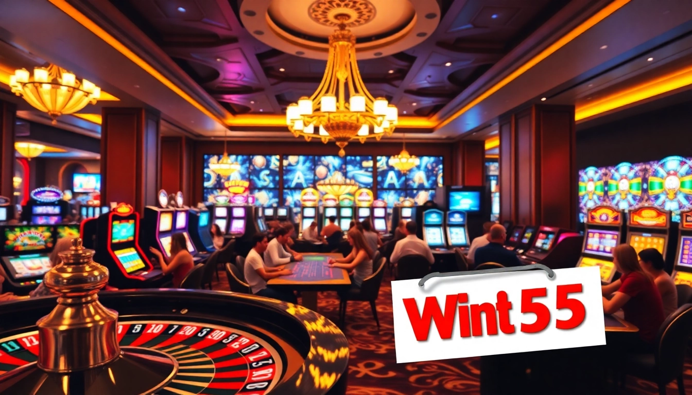 Engaging players enjoy a vibrant casino scene with Win55 prominently featured on betting slips.