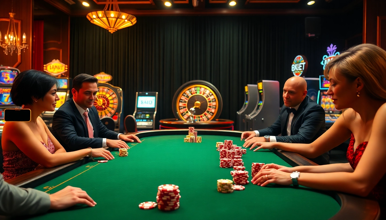 Engage in thrilling poker action at 8kbet amidst a luxury casino backdrop.