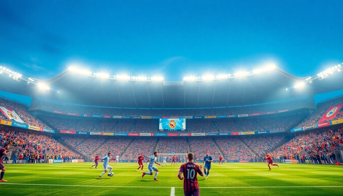 Exciting football match at a packed stadium with vibrant atmosphere, showcasing vaoluoitv streaming.