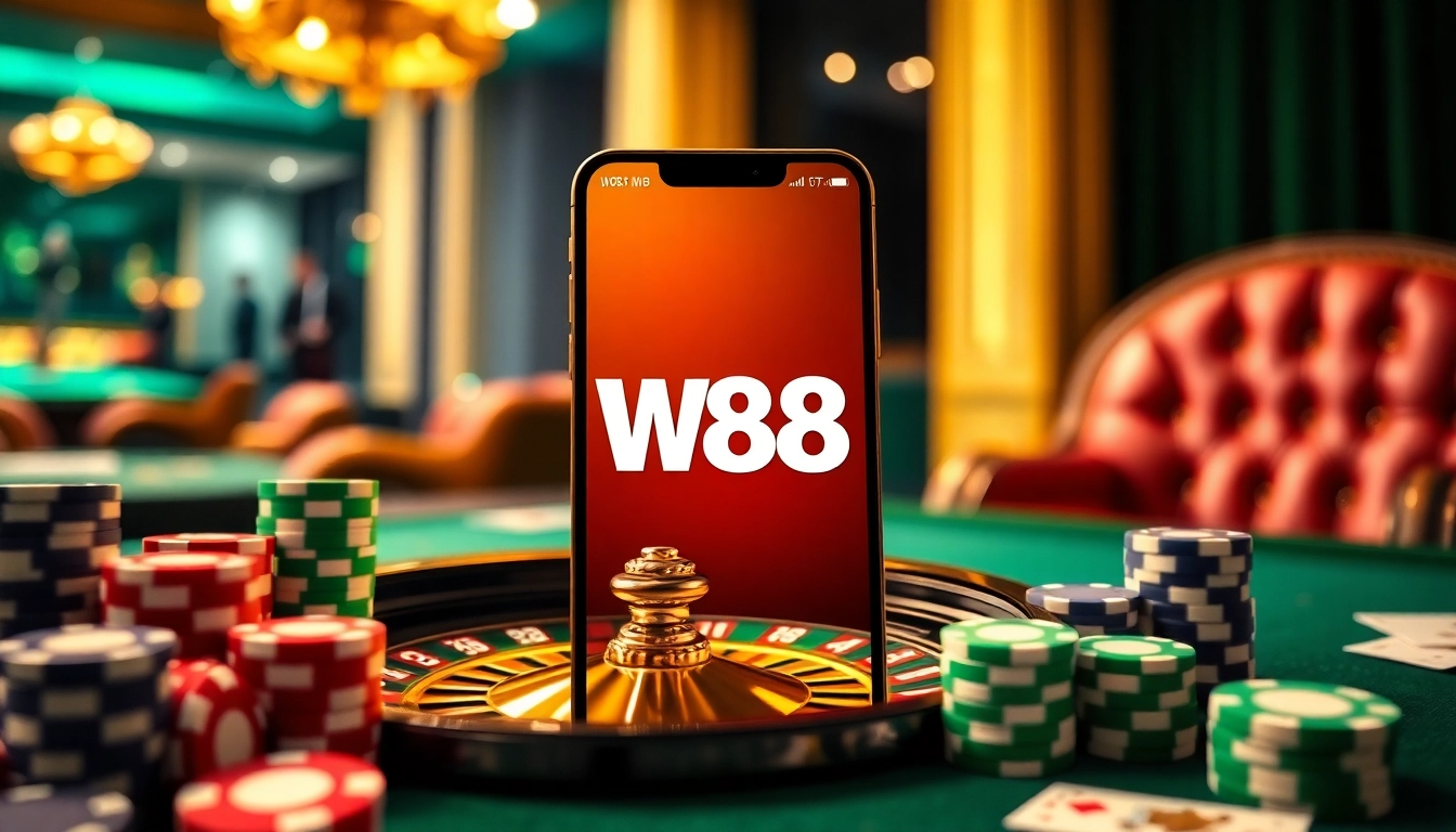 W88 mobile interface featured among vibrant casino elements like poker chips and dice.