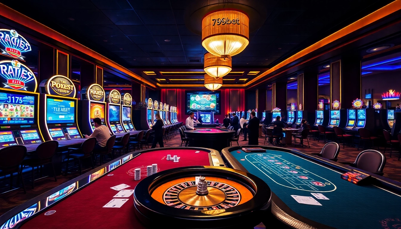 Exciting atmosphere of 789bet events at a luxurious casino with players and vibrant gaming tables.