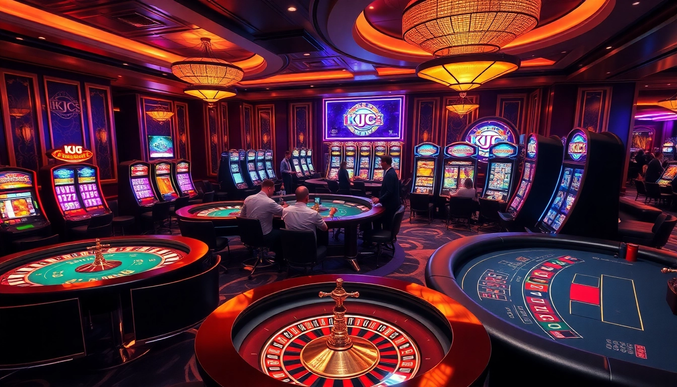 KJC poker players strategizing at a luxurious casino table with vibrant slot machines.