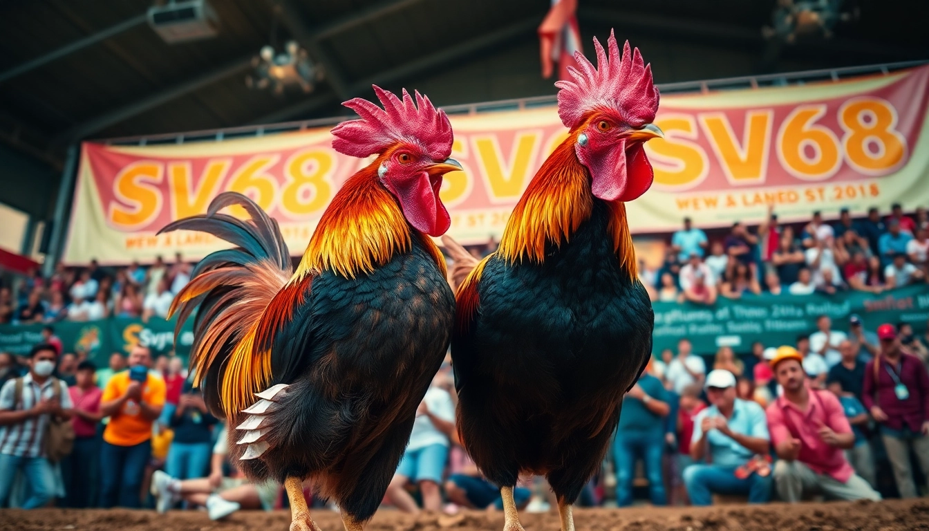 Exciting live cockfighting scene at sv368win.live with vibrant roosters and passionate spectators.