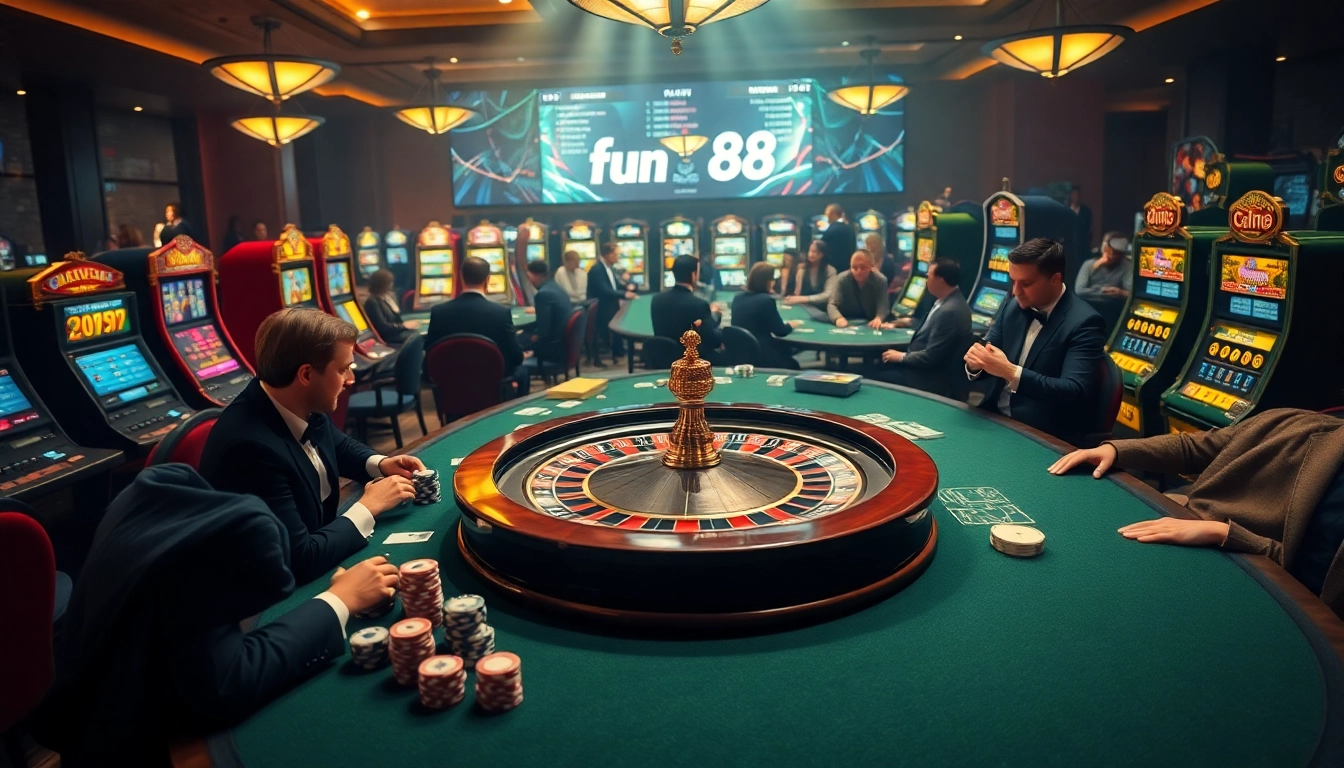 High-stakes gaming at Fun88 with poker tables, slot machines, and roulette wheel.