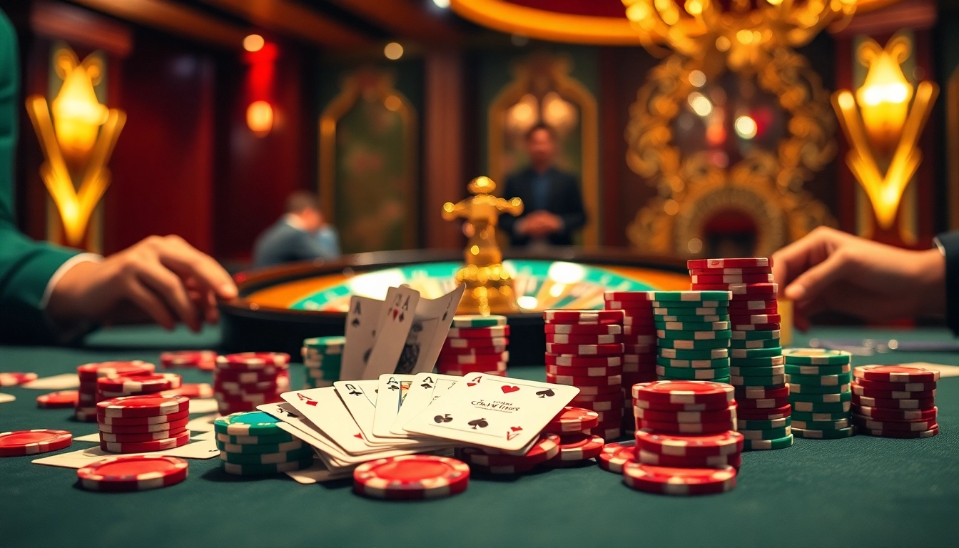 Players strategizing in an exciting game bài session at a luxurious casino table.