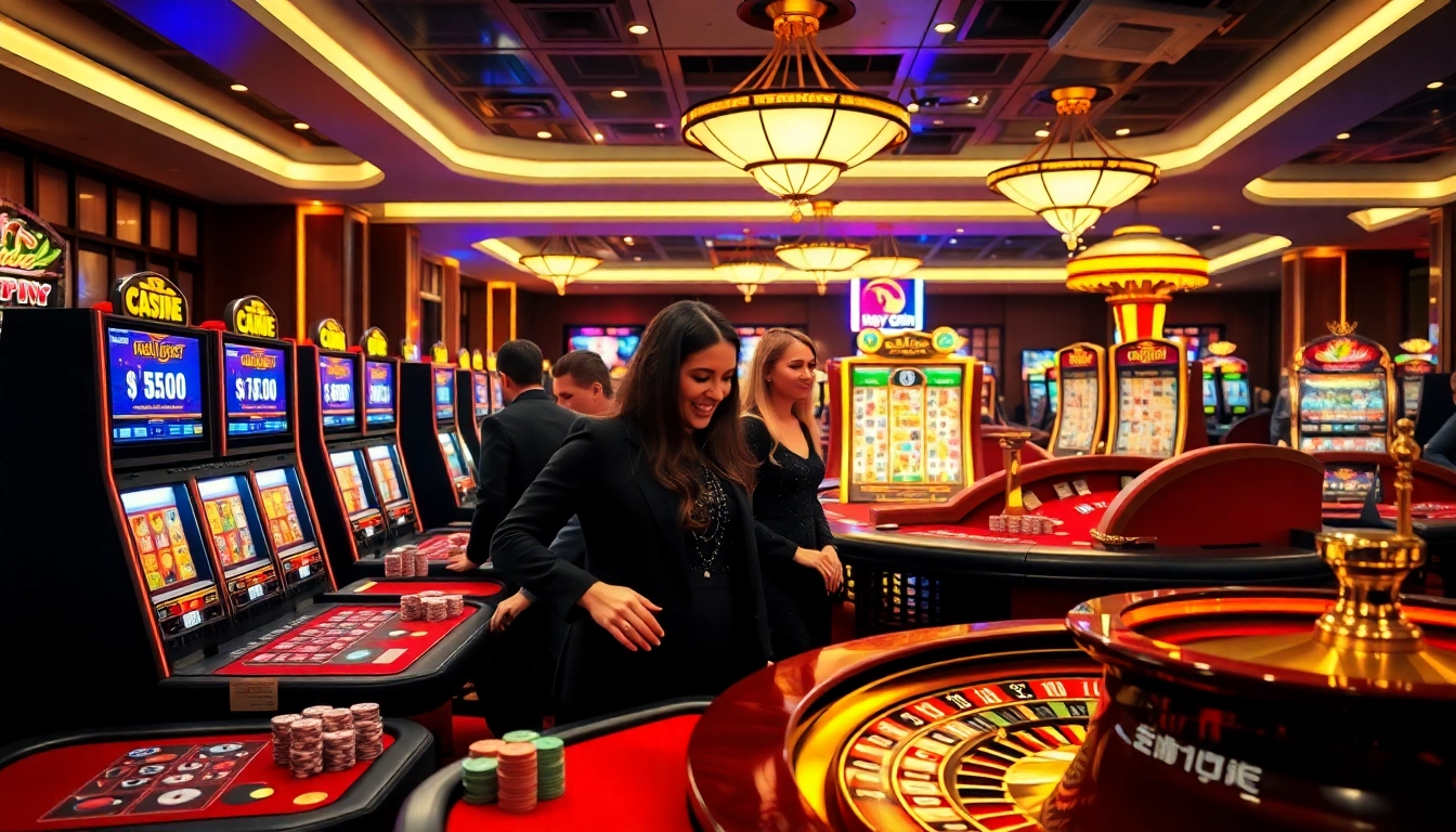 Exciting gaming scene at hay.win featuring vibrant slot machines and poker tables.