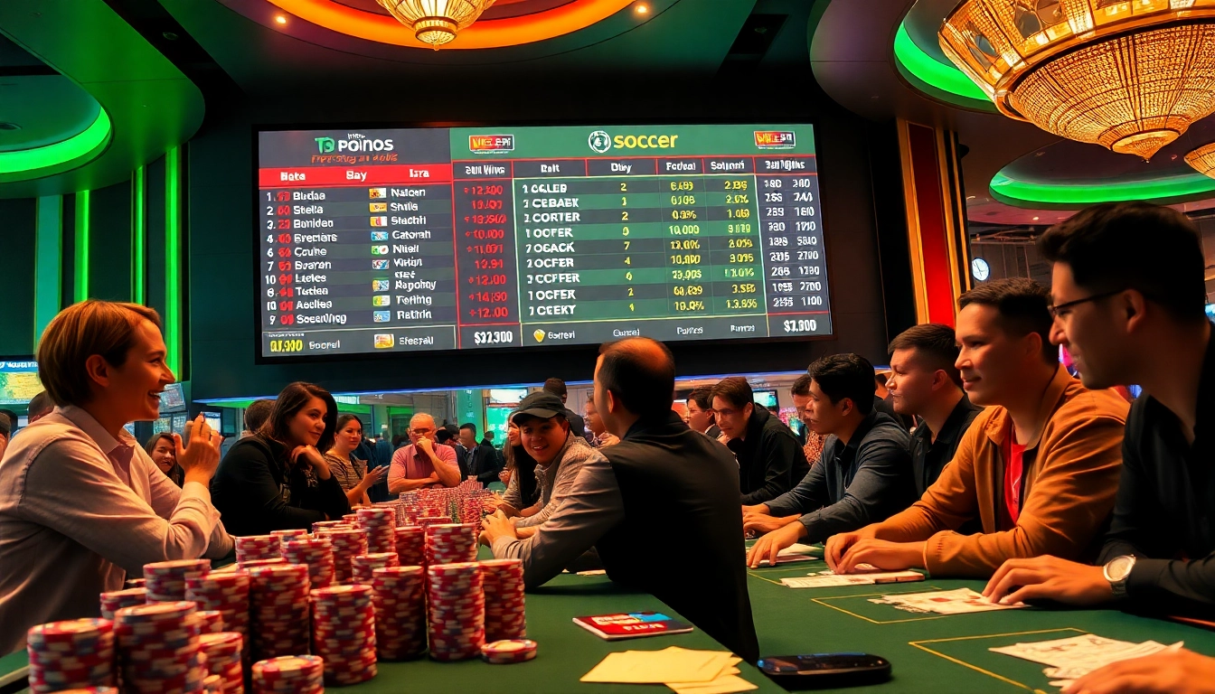 Kèo bóng đá excitement at a vibrant sports betting casino with digital odds display