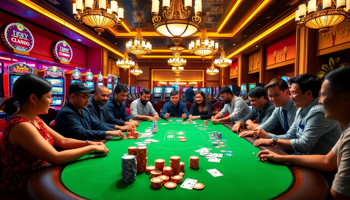 Players enjoying a thrilling poker game at Tập đoàn KJC casino, surrounded by vibrant gaming atmosphere.