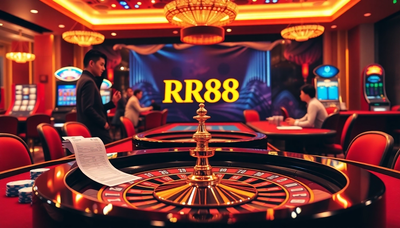 Engage with RR88's premier online gambling experience demonstrated through a vibrant casino scene.