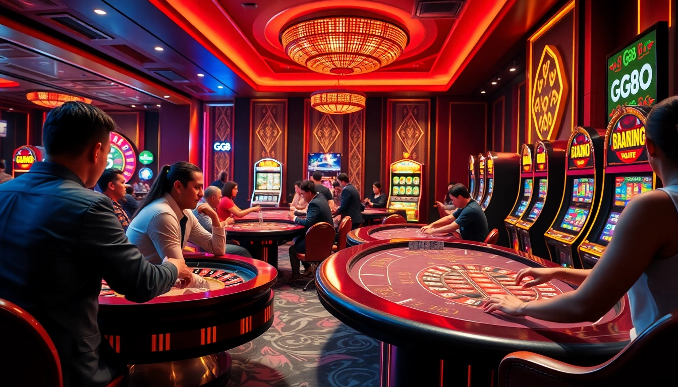 Experience the excitement of gambling at GG88's upscale casino with vibrant tables and slot machines.