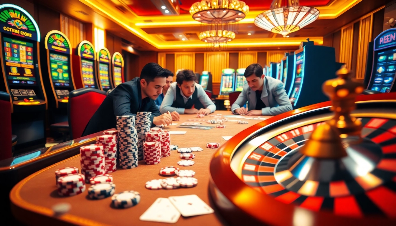 A vibrant casino scene showcasing the excitement at 8day.cn.com with players enjoying poker and roulette.