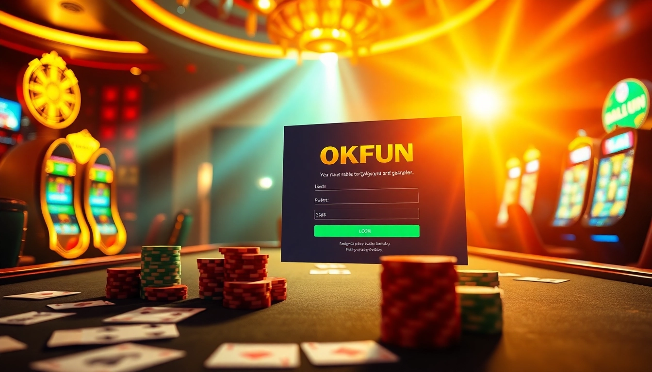 Experience the immersive action of đăng nhập okfun at a luxurious casino setting filled with vibrant slot machines and cards.