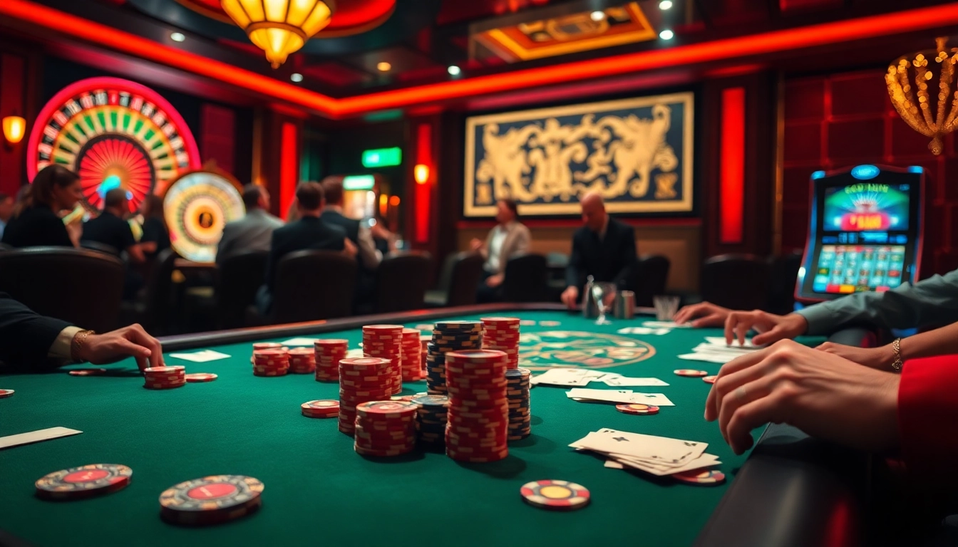 Engaged players at a luxurious poker table showcasing vaobet.jp.net in a vibrant casino setting.