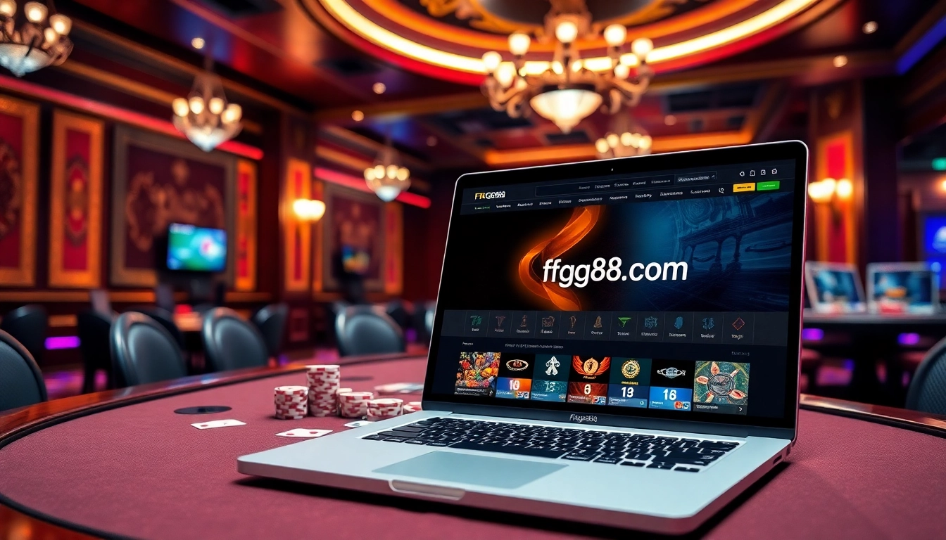 Gambling excitement at ffgg88.com with a luxurious casino table setup and online gaming interface.