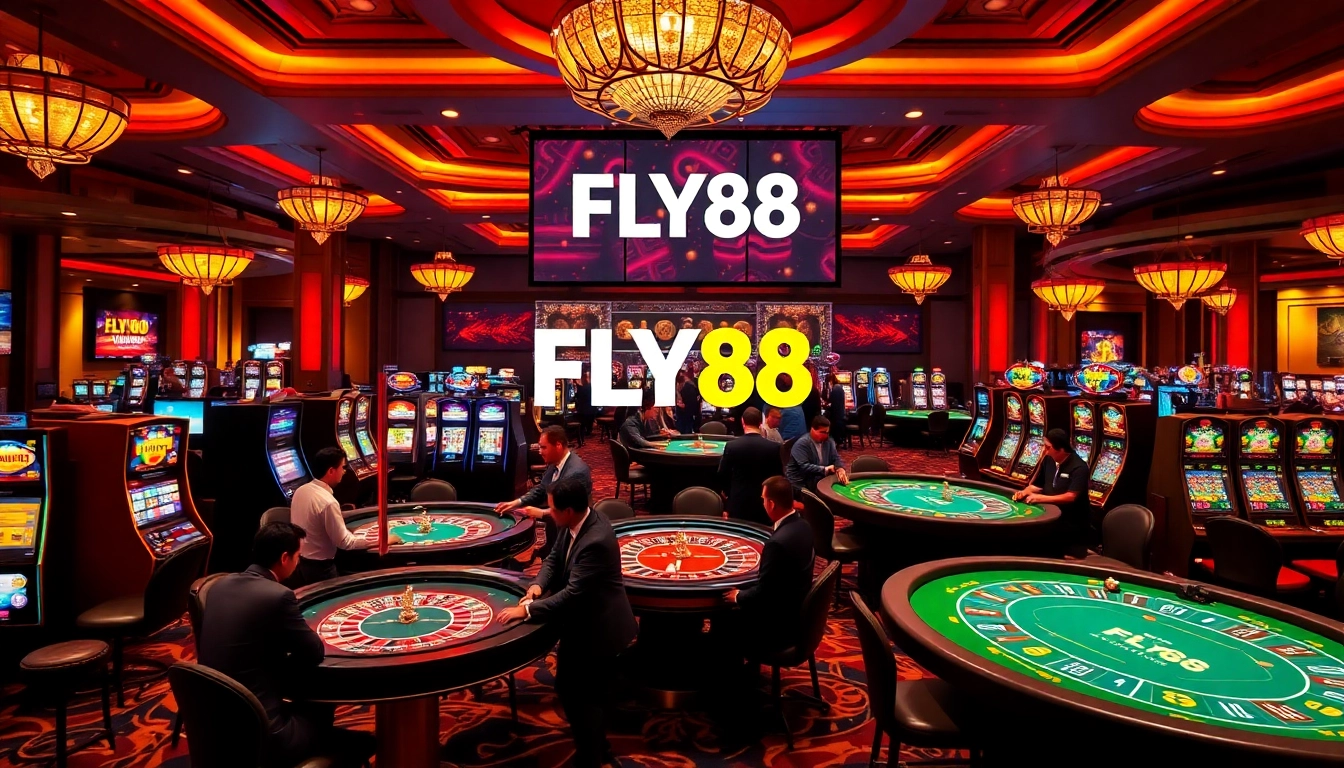 Excited players enjoying games at FLY88 Casino with vibrant roulette and blackjack tables.