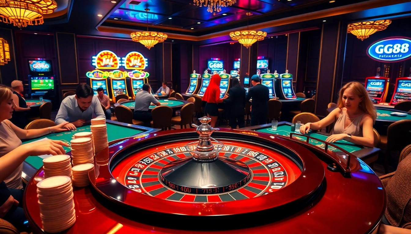 GG88 casino scene with roulette, chips, and players celebrating winnings