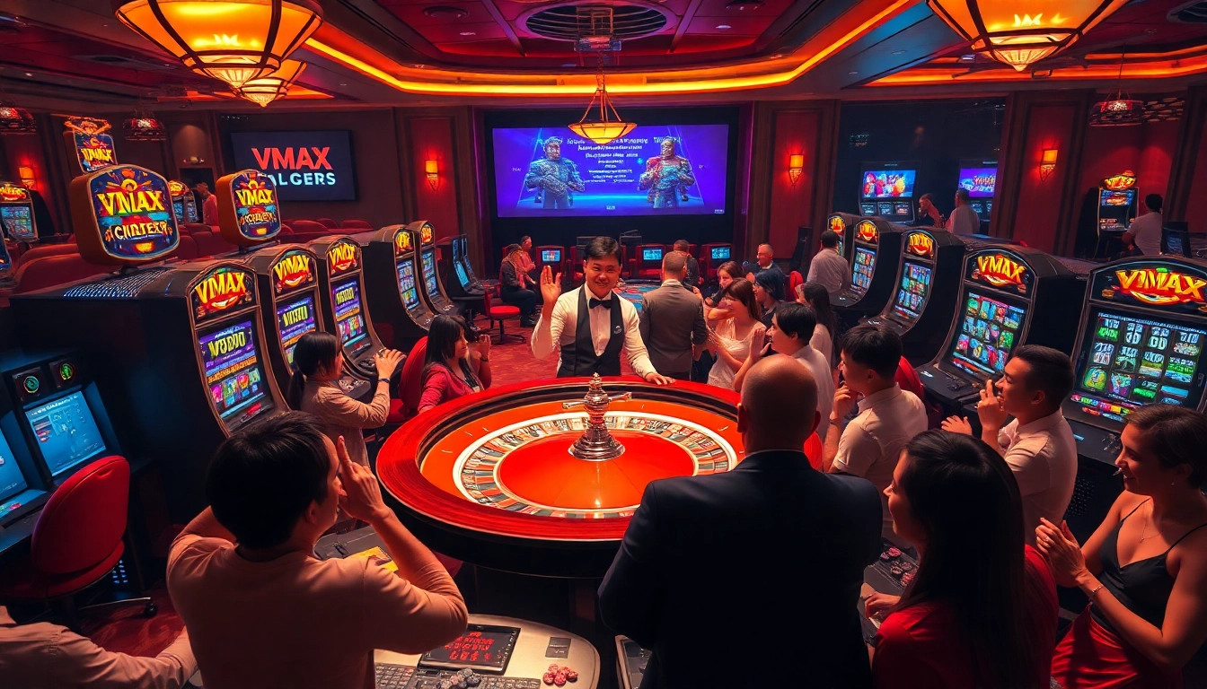 Experience ample winning opportunities at VMAX slot machines in a bustling casino atmosphere.