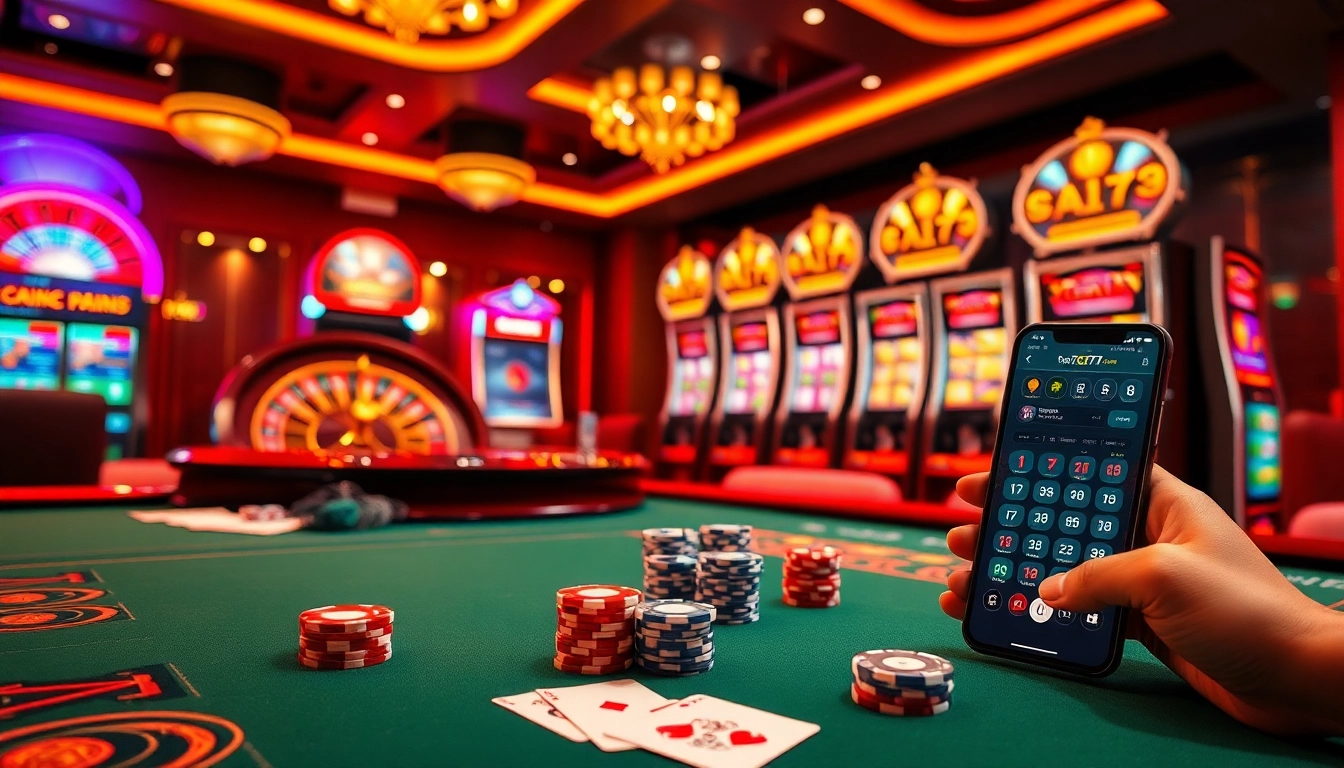 The thrilling gameplay at https://www.7c77.app/ with poker chips, a roulette wheel, and online betting excitement.