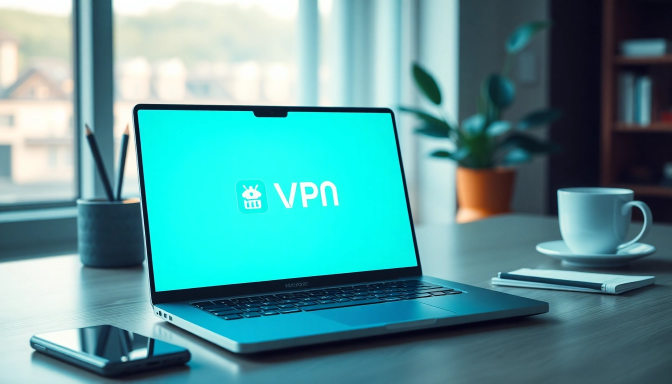 在现代工作空间中，笔记本电脑上显示的快连VPN界面。