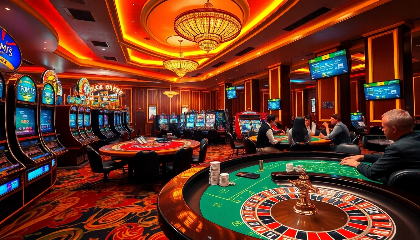 Engaged gamblers enjoying games at a luxurious casino featuring the keyword 88i amidst poker and slot machines.
