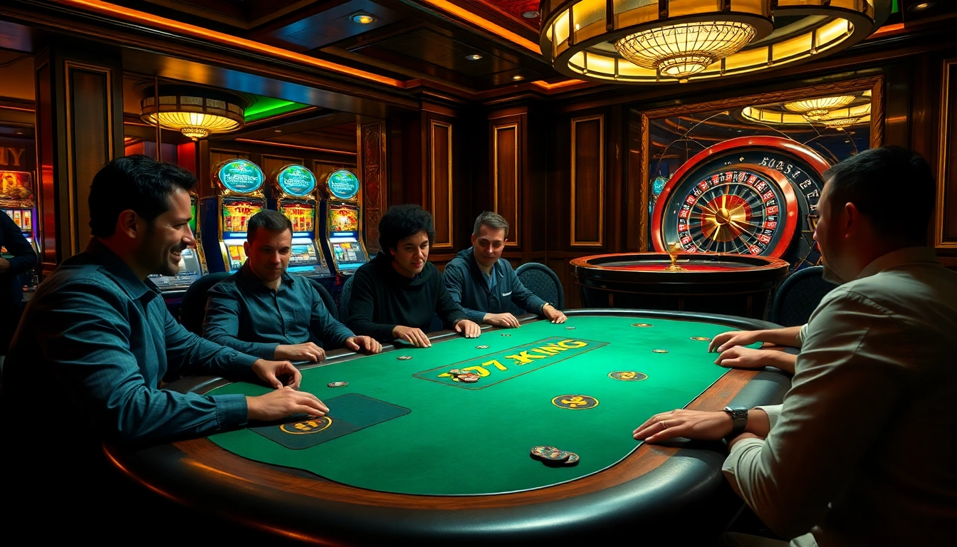 Players enjoying top games at 79king casino with vibrant slot machines and a roulette wheel.