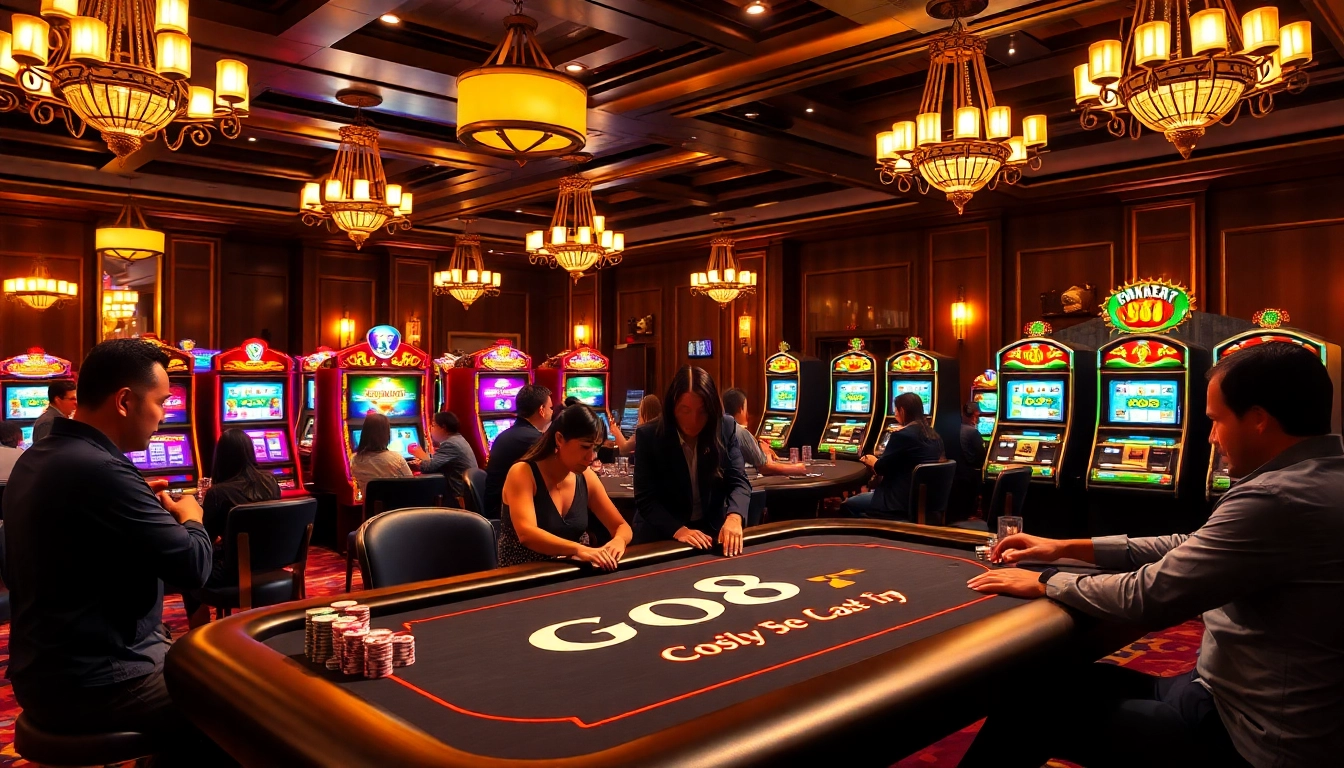Go8 players engaging in poker at a luxurious casino table with vibrant chips.