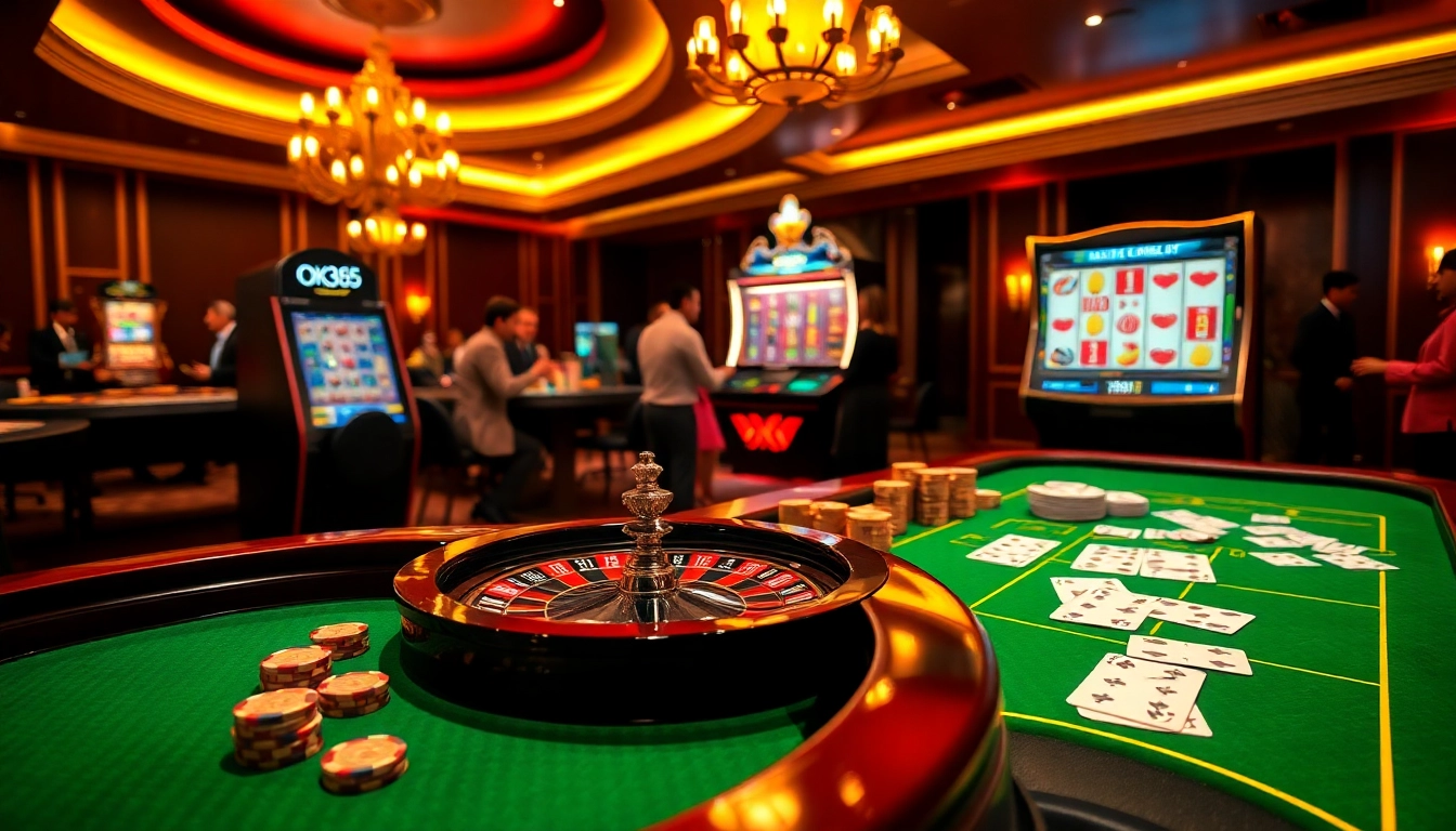 Engaging gamblers at Ok365 casino table showcasing vibrant gaming atmosphere and excitement.