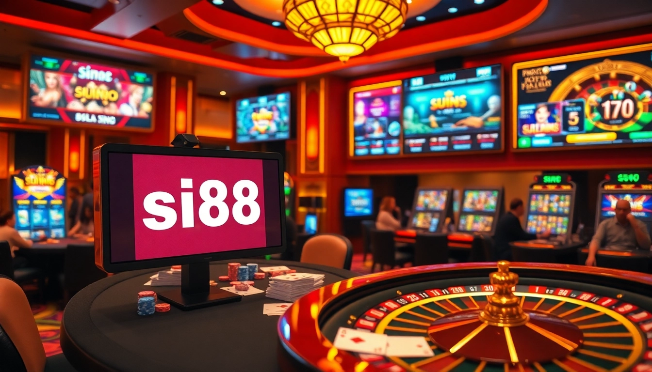 Siu88 Casino scene featuring vibrant poker chips and slot machines, capturing excitement in gambling.