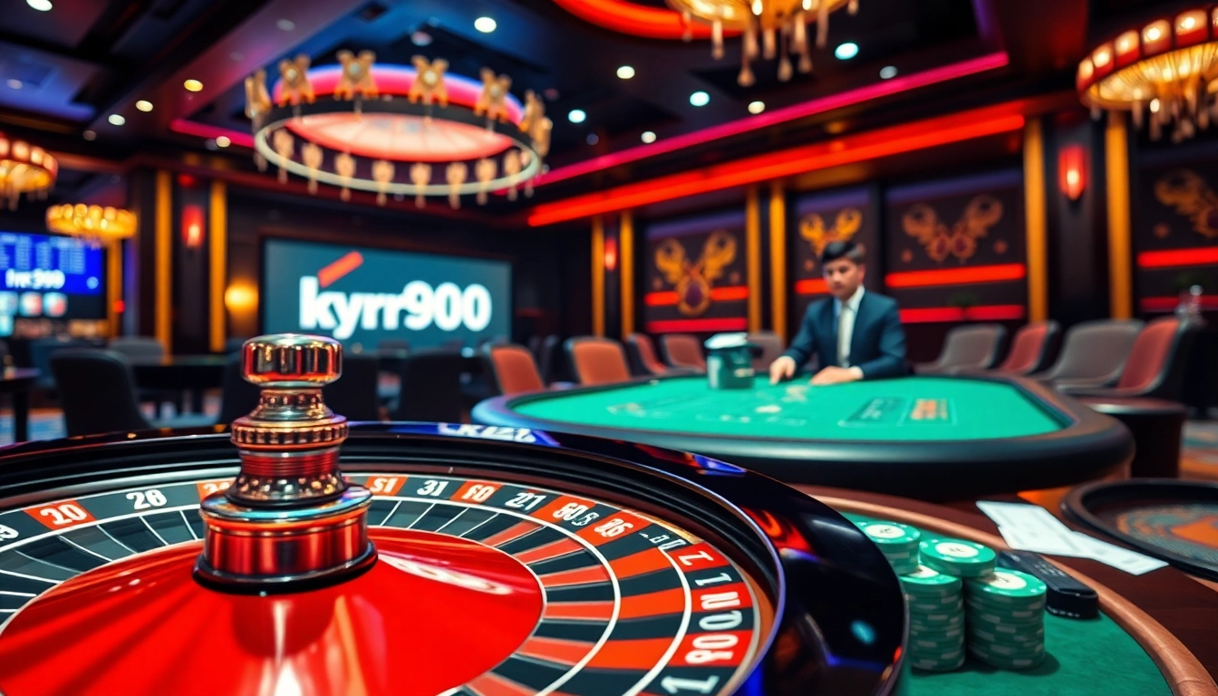 Engaging scene at a luxurious casino showcasing nhà cái rr99 with roulette wheel and players.