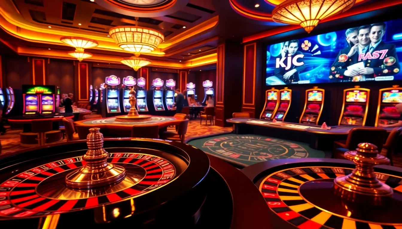 KJC casino gaming experience with roulette, poker, and vibrant slot machines.