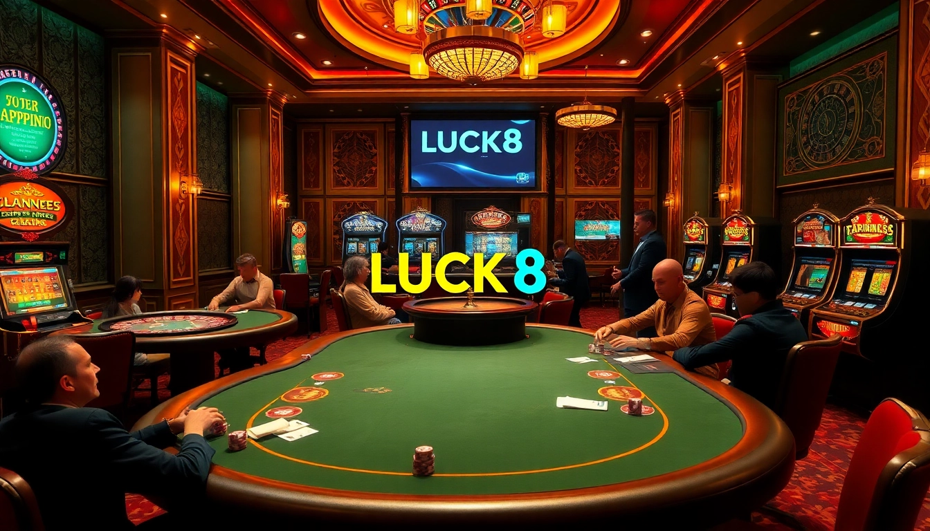 Experience the thrill of LUCK8 with engaged players at a lavish casino table filled with chips and cards.