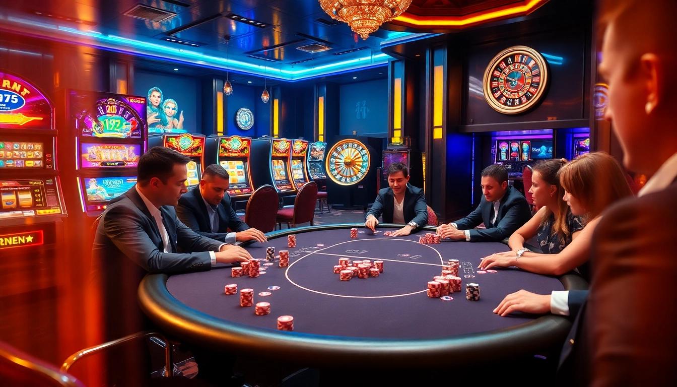 Players enjoying a poker game at https://tr88in.com/ with vibrant chips and an exciting casino atmosphere.