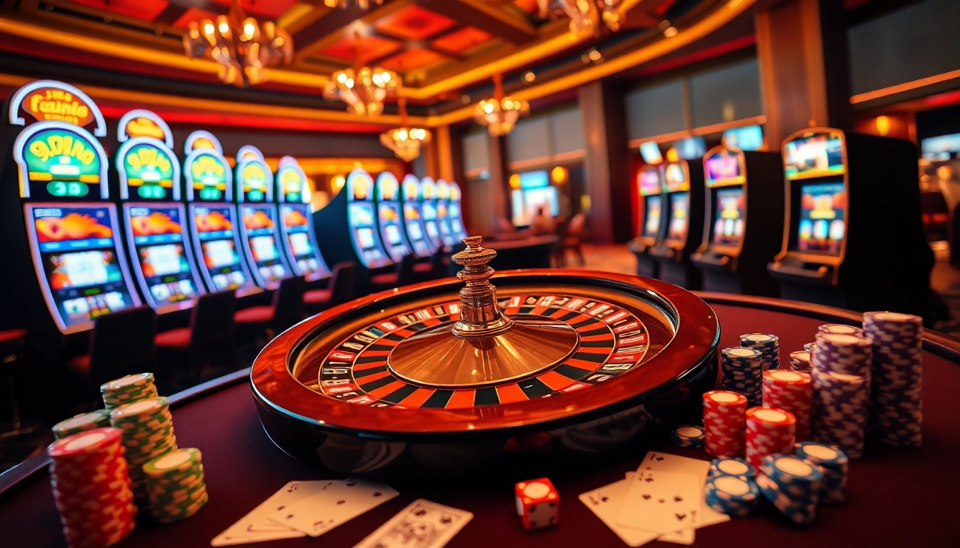 Engaging casino scene illustrating online gambling on 69vn.gb.net with roulette, chips, and vibrant slot machines.