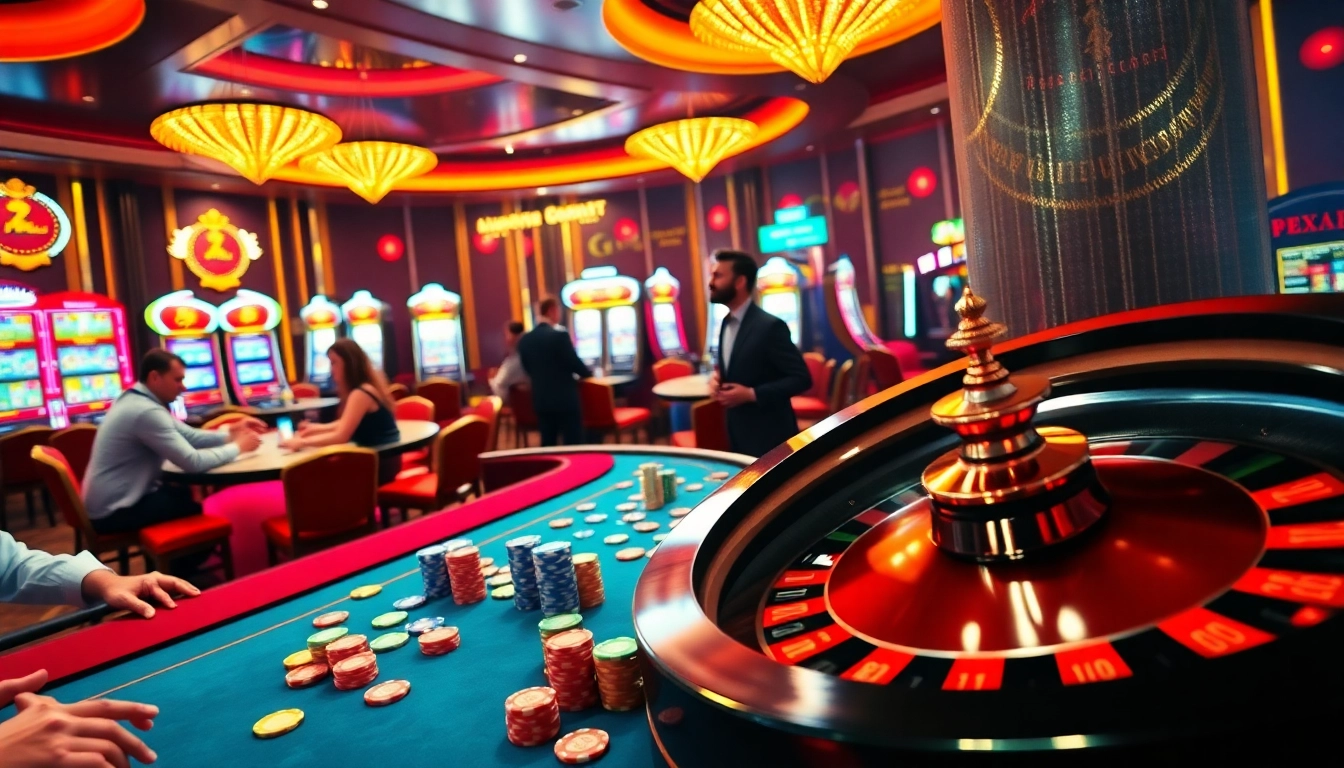 Experience thrilling gameplay at a luxurious casino with Kp 88 poker tables and roulette wheels.