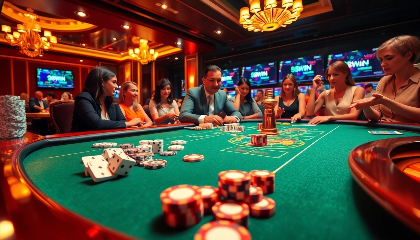 Experience the thrill of casino gaming with 98WIN featuring vibrant tables, cards, and spinning roulette.