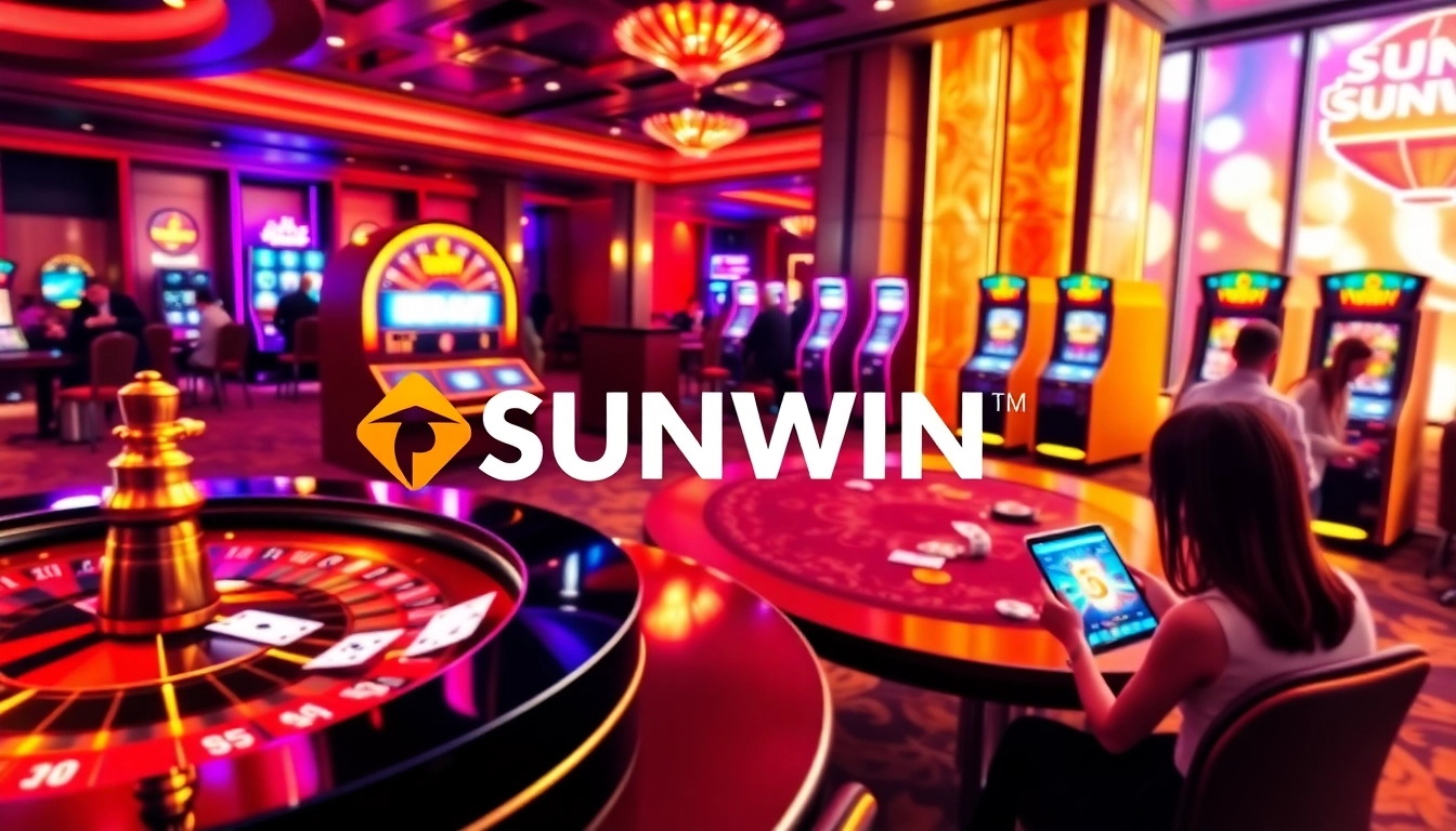 Players enjoying casino games with SUNWIN branding in a vibrant setting.