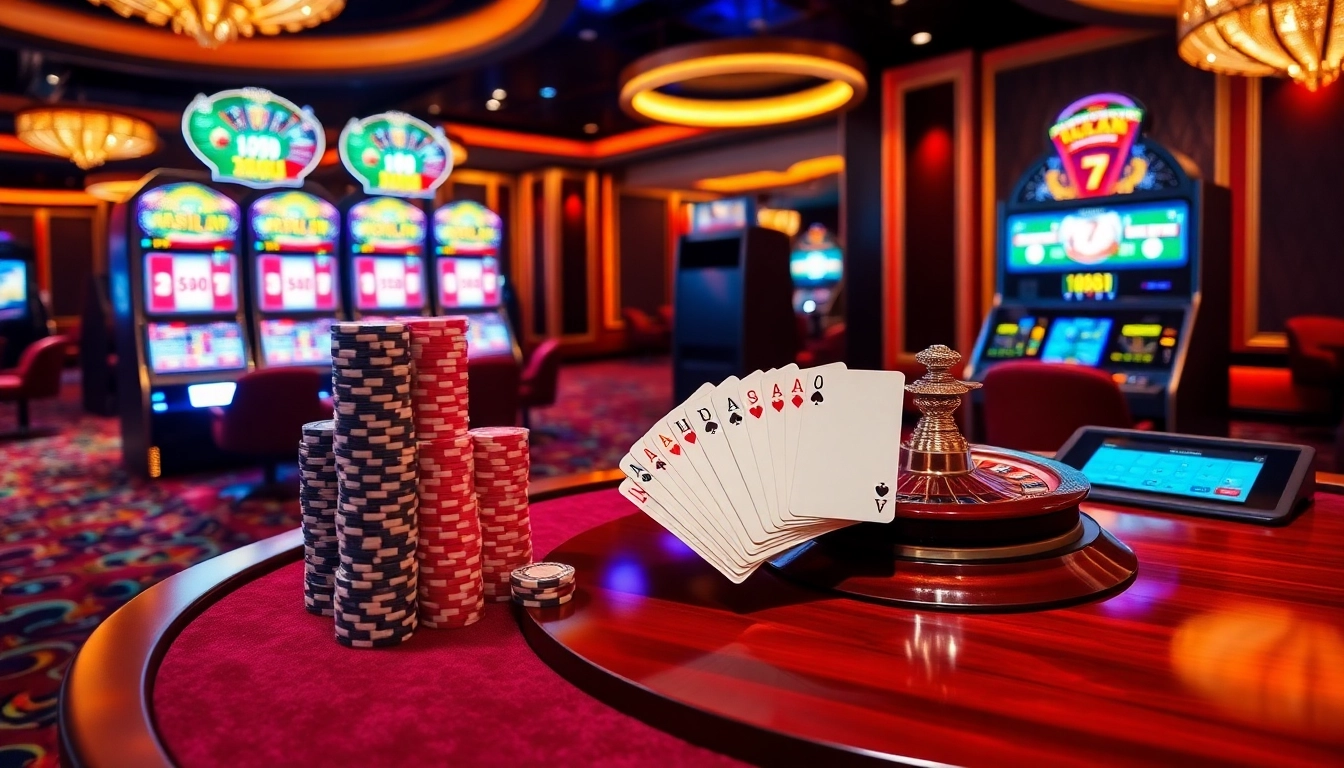 Engaging scene of luxury gambling at AU88 with poker chips and slot machines.