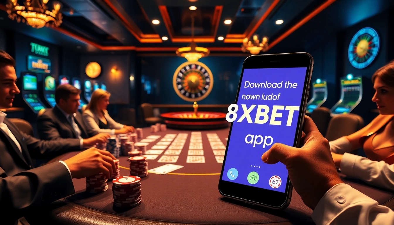 Tải app 8xbet to experience excitement at a luxurious casino table with poker chips and cards.
