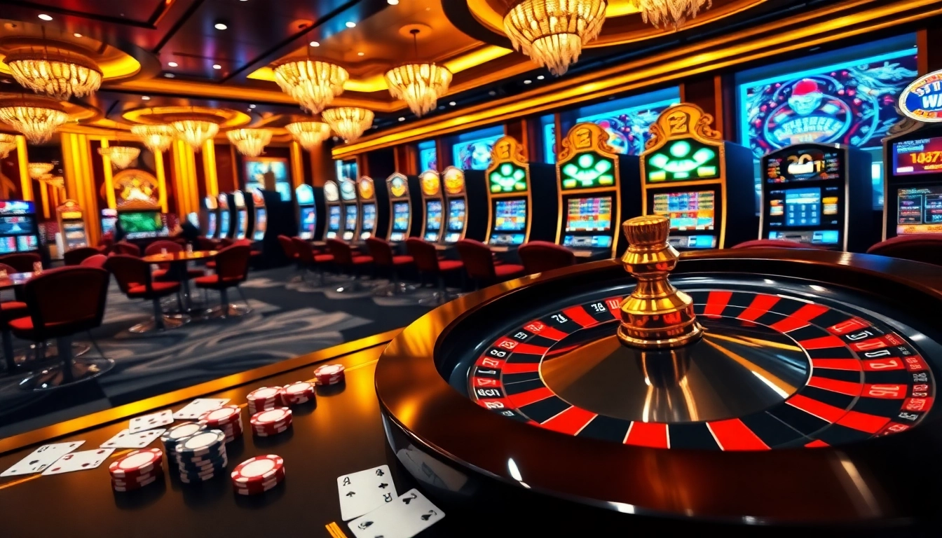 A thrilling casino experience with 32win showcasing lively gaming tables, vibrant roulette wheel, and colorful poker chips.