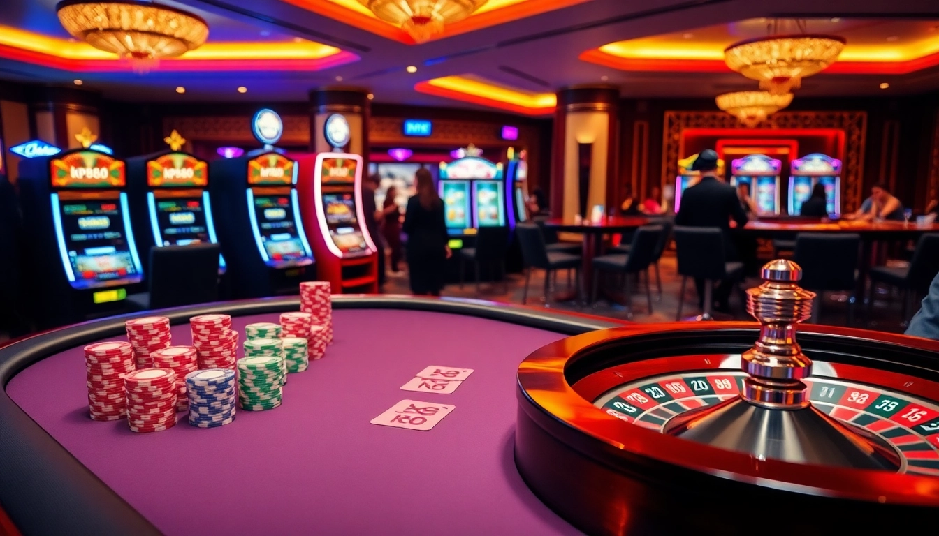 Engage in a thrilling poker game at a luxurious setting highlighting kp88 chips and a roulette wheel.