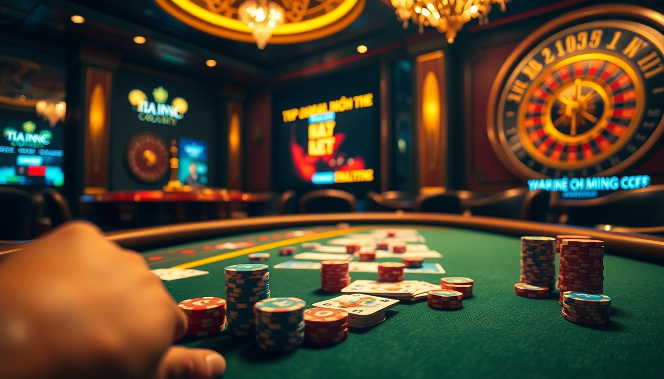 Tập Đoàn KJC players strategizing at a luxurious casino poker table with vibrant cards and chips.