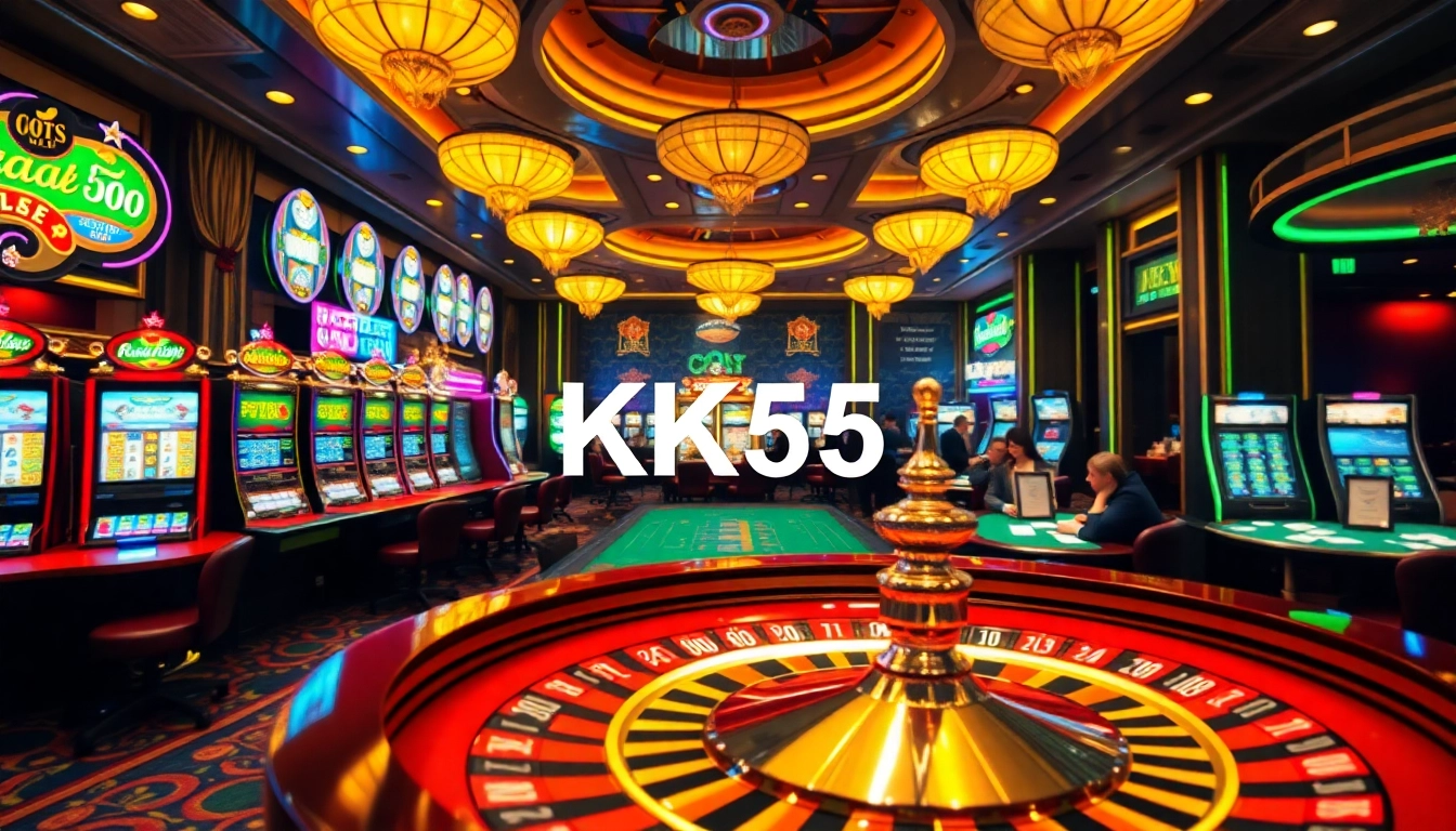 Gambling excitement at a casino with KK55-themed poker chips and tables.
