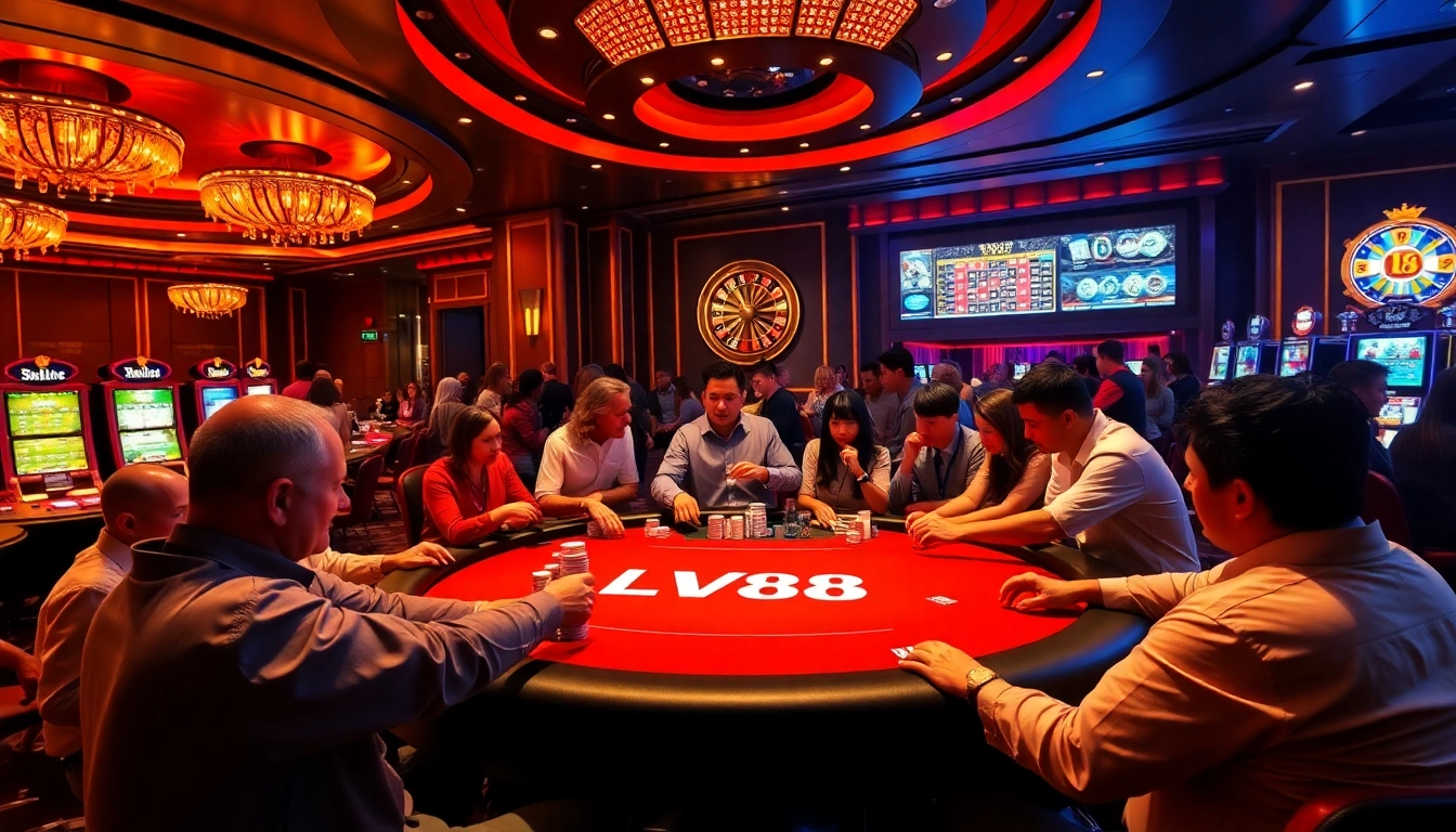 Excited players at an LV88 branded poker table enjoying a luxurious casino experience.